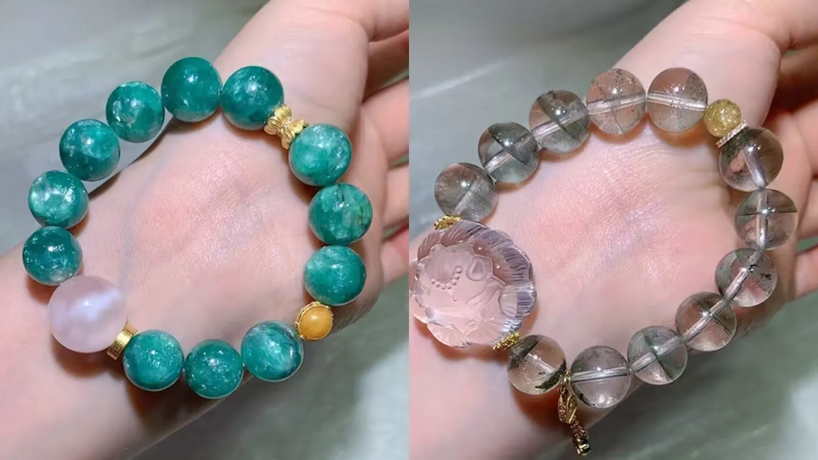 手腕上的对比:左为 13.5mm 深青绿色祖母晶手链,右为带雕刻花苞狐的绿幽灵手链