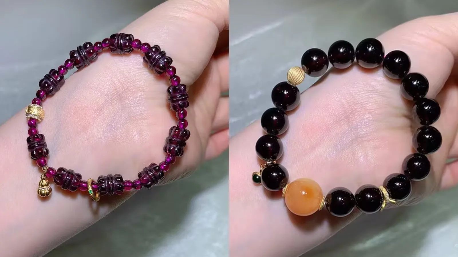 手腕上的对比:左为 9×10mm 雕刻棱纹桶珠紫牙乌手链,右为 11.1mm 酒红石榴石手链
