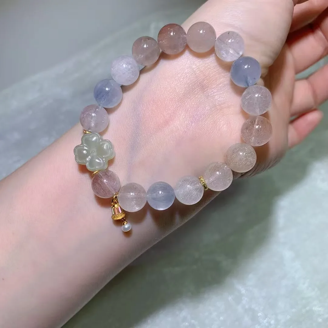 天然彩兔毛手链(四叶草与古法小坠 · 10.8mm)